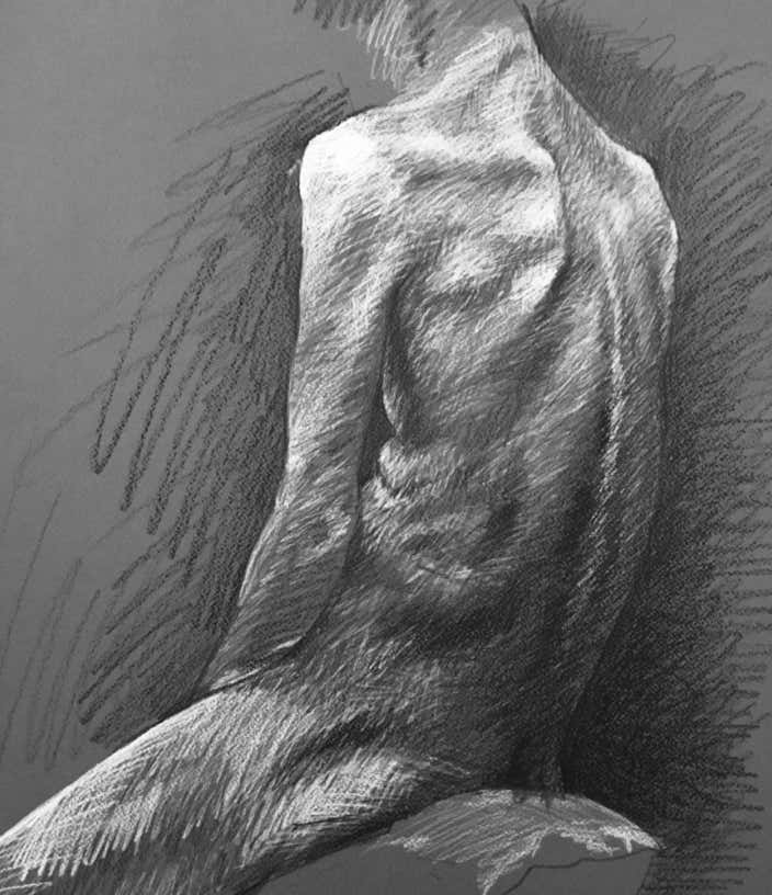 Figure drawing in black and white on grey paper.